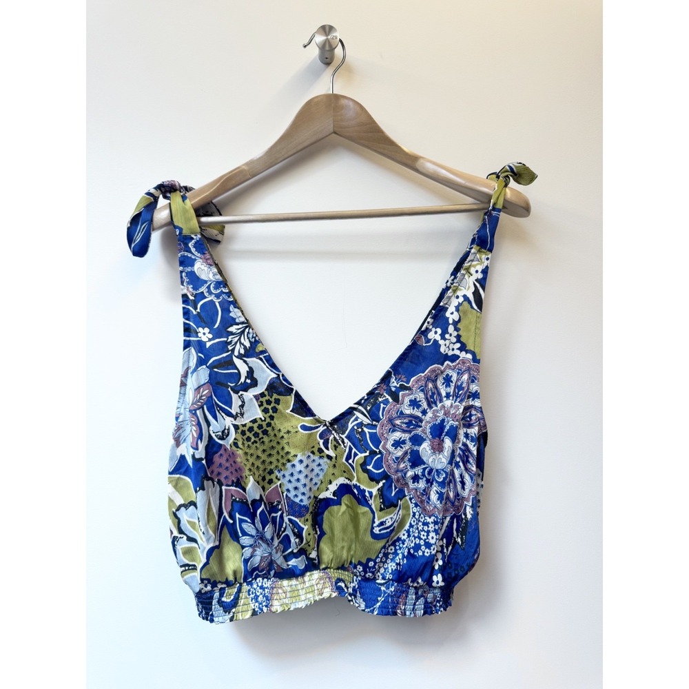 NWT Free People Floral Crop tie Strap Casual Summer Tank Top Blue White Yellow M